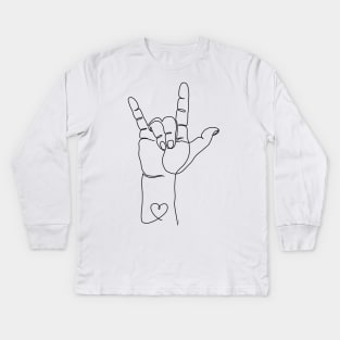 I Love You ASL Sign Hand Language Minimalist Line Art Kids Long Sleeve T-Shirt